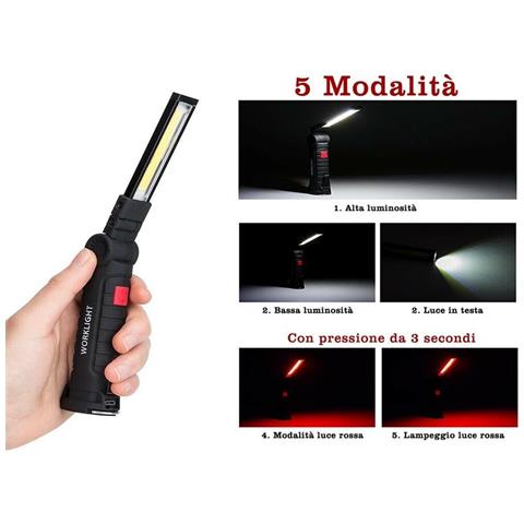 Mini Torcia Led Cob Luce Bianca Rossa Batteria Ricaricabile Base Calamitata - Foto 3