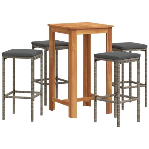 Set Bar Giardino 5pz Grigio Legno Massello Acacia E Polyrattan - Foto 1