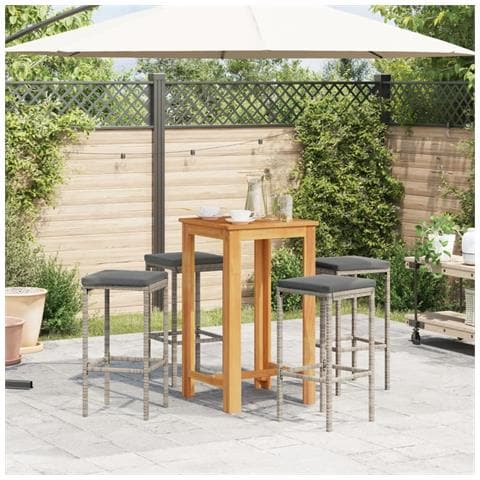 Set Bar Giardino 5pz Grigio Legno Massello Acacia E Polyrattan - Foto 2