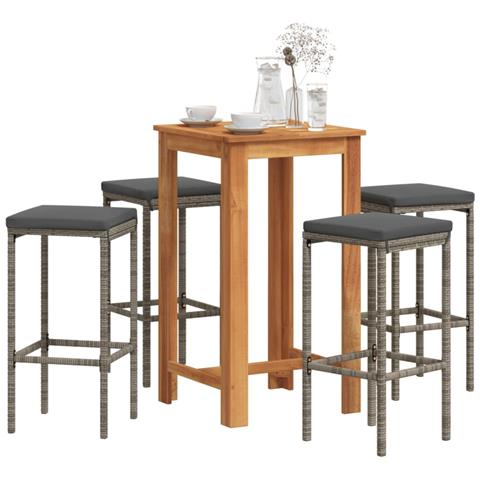 Set Bar Giardino 5pz Grigio Legno Massello Acacia E Polyrattan - Foto 8