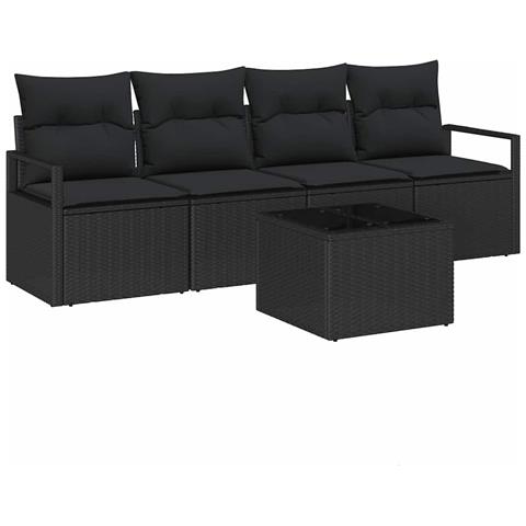 Set di Divani da Giardino  da 5 Pezzi con Cuscini Nero Polyrattan, Divano da Giardino  a 2 Posti con Cuscini Nero Polyrattan - Foto 1