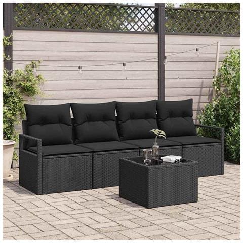 Set di Divani da Giardino  da 5 Pezzi con Cuscini Nero Polyrattan, Divano da Giardino  a 2 Posti con Cuscini Nero Polyrattan - Foto 2
