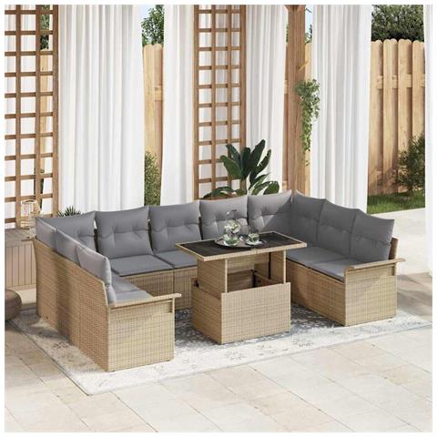 Set divani da giardino da 10 pezzi con cuscini in rattan polimerico beige - Foto 2