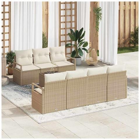 Set Divano da Giardino 8 Pezzi con Cuscini Beige in Polyrattan, Divano da Giardino 2 Posti con Ripostiglio e Cuscini Beige in Polyrattan - Foto 2