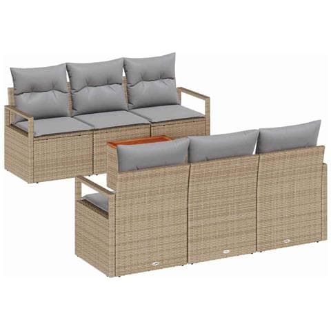 Set Divano Giardino 7 Pezzi con Cuscini Beige Polyrattan e Acacia, Divano Giardino 2 Posti con Cuscini Beige Polyrattan - Foto 1