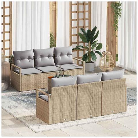 Set Divano Giardino 7 Pezzi con Cuscini Beige Polyrattan e Acacia, Divano Giardino 2 Posti con Cuscini Beige Polyrattan - Foto 2