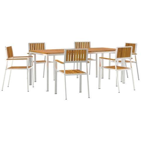 Set da pranzo da giardino  da 7 pezzi in legno massello di acacia, Tavolo da pranzo all'aperto  200x90x74.5 cm in legno massello di acacia, Sedie da giardino impilabili  2 pezzi in legno massello di acacia e metallo, Sedie da giardino impilabili  4 pezzi  - Foto 1