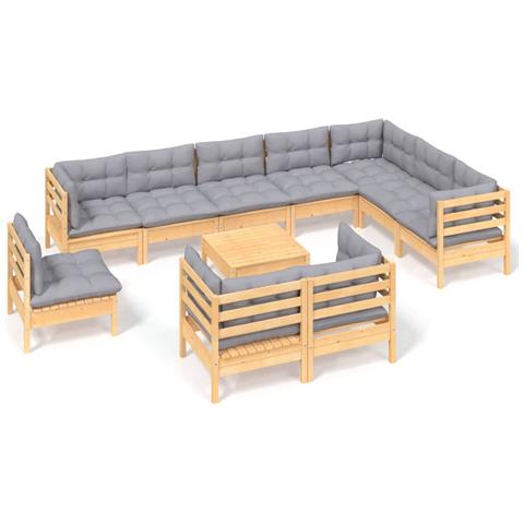 Set Divani da Giardino 11 pz con Cuscini Grigi Massello di Pino - Foto 1