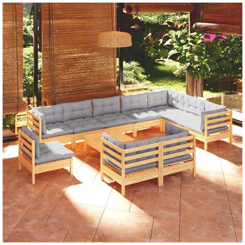Set Divani da Giardino 11 pz con Cuscini Grigi Massello di Pino - Foto 2