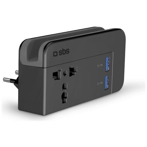Alimentatore 110/250V universale con supporto da muro, 2 USB 2A, 3 pin intercambiabili (EU, UK, US) - SBS NERO - Foto 1