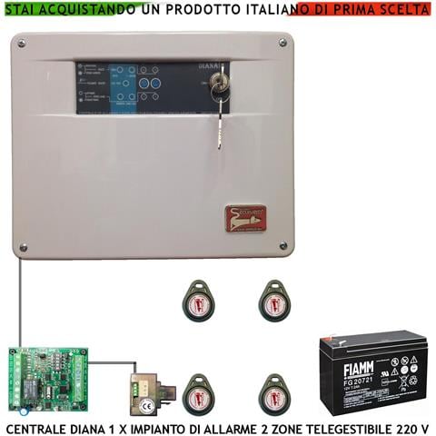 Centrale Diana Antifurto 2 Zone Batteria 12 V 7 Ah Per Impianto Di Allarme Filo. 4 Chiavi Tag. 2 Meccaniche Gestisce S - Foto 1
