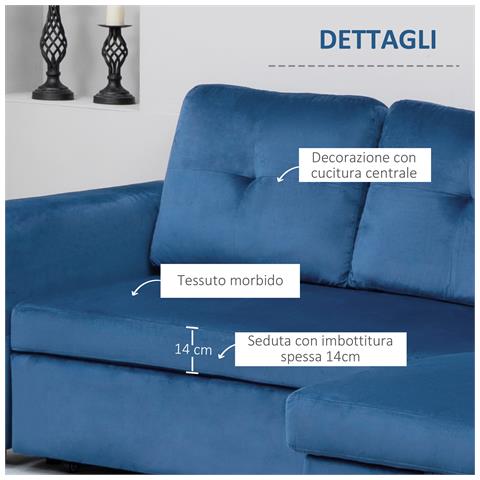 Divano Letto Angolare 3 Posti Effetto Velluto E Chaise Longue Con Contenitore, 232x141x85cm, Blu - Foto 2