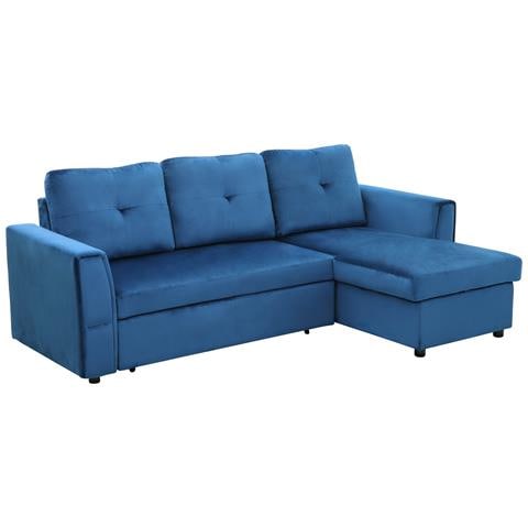 Divano Letto Angolare 3 Posti Effetto Velluto E Chaise Longue Con Contenitore, 232x141x85cm, Blu - Foto 1