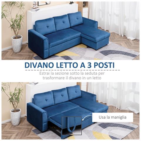 Divano Letto Angolare 3 Posti Effetto Velluto E Chaise Longue Con Contenitore, 232x141x85cm, Blu - Foto 6
