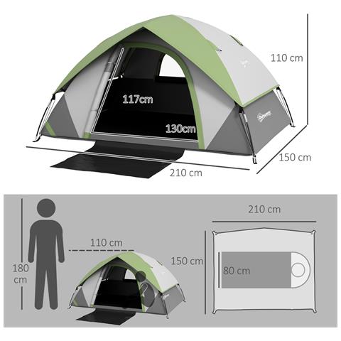 Tenda Da Campeggio 2 Posti Con Finestra A Rete, In Poliestere, Fibra Di Vetro E Pe, 210x150x110 Cm, Grigio E Verde - Foto 6