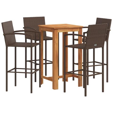 Set Bar Giardino 5pz Marrone Legno Massello Acacia E Polyrattan - Foto 1