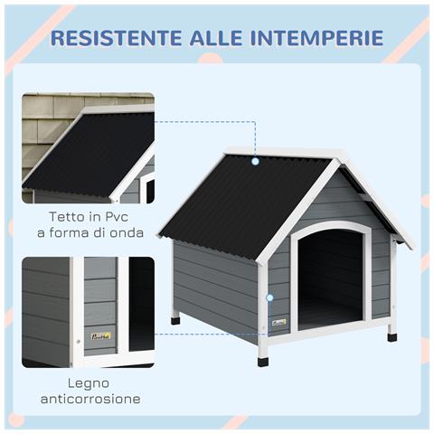 Cuccia per Cani in Legno da Esterno, Casetta per Cani Grandi con Pavimento Rimovibile, 84x99x87cm, Grigio - Foto 2