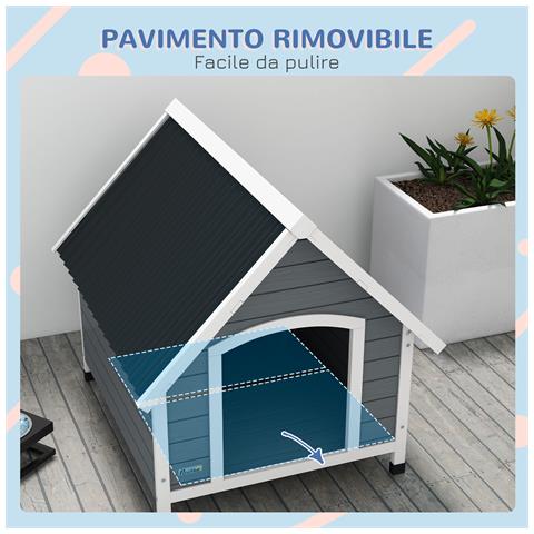 Cuccia per Cani in Legno da Esterno, Casetta per Cani Grandi con Pavimento Rimovibile, 84x99x87cm, Grigio - Foto 6