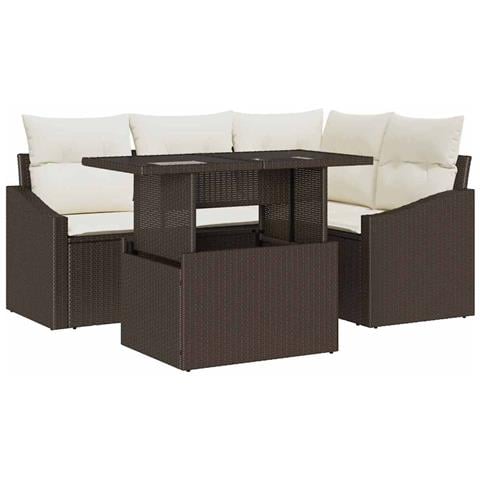 Set di Divani da Giardino a 5 Pezzi con Cuscini Marrone Polirattan - Foto 1