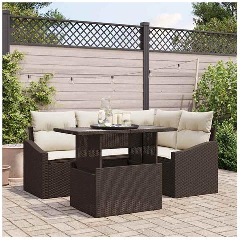 Set di Divani da Giardino a 5 Pezzi con Cuscini Marrone Polirattan - Foto 2
