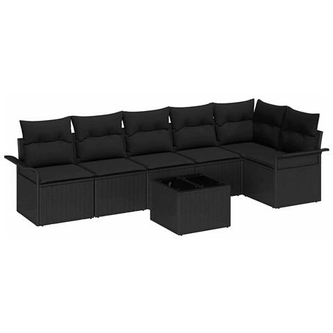 Set di divani da giardino modulare a 7 pezzi con cuscini beige in polyrattan, Divano da giardino a due posti con spazio di stoccaggio e cuscini neri in polyrattan - Foto 1