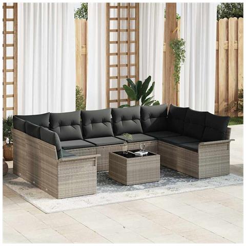 Set Divano da Giardino da 10 Pezzi con Cuscini Grigio Polyrattan, Divano da Giardino a 2 Posti con Ripostiglio e Cuscini Grigio Chiaro Polyrattan - Foto 2