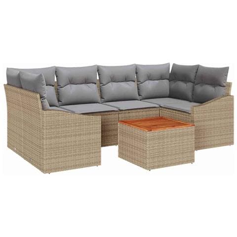Set Divano Giardino 7 Pezzi con Cuscini Beige Rattan Acacia - Foto 1