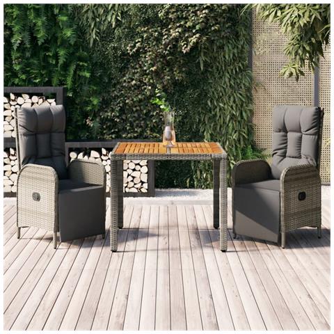 Set da Pranzo da Giardino 3 pz con Cuscini in Polyrattan Grigio - Foto 2