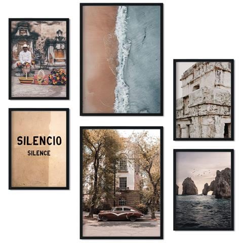 Set Di 6 Stampe Stampe Artistiche Da Parete Vintage In Stile Messicano Per La Camera Da Letto O Il Soggiorno A3 & A4 Cornice Nera - Foto 1