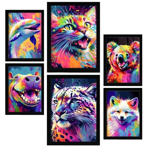 Set Di 6 Stampe Animali Di Terra E D'acqua In Formato Ritratto. Vivaci Illustrazioni In Stile Acquerello Di Animali Sorridenti. A3 & A4 Cornice Nera - Foto 1