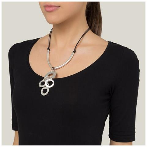 Collana Multi-anello In Pelle Placcata Argento 60cm - Foto 2