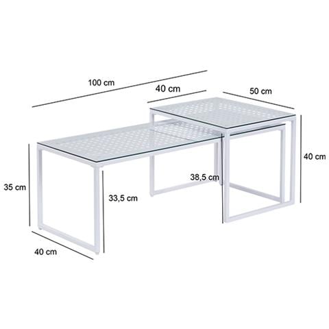 Set di 2 tavolini impilabili, piano in vetro, struttura in metallo, tavolino da caffè bianco, tavolino da divano - Foto 1