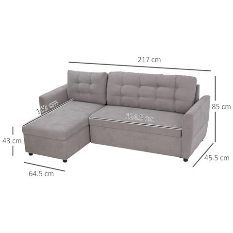 Divano Letto Angolare 3 Posti Con Chaise Longue Contenitore In Tessuto, 217x134x85cm, Grigio - Foto 2