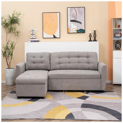 Divano Letto Angolare 3 Posti Con Chaise Longue Contenitore In Tessuto, 217x134x85cm, Grigio - Foto 6