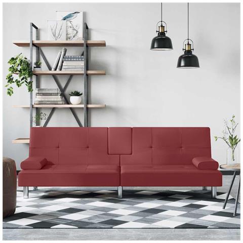 Divano Letto con Portabicchieri in Similpelle Rosso Vino - Foto 2