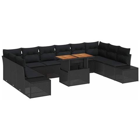 Set da Pranzo da Giardino da 11 Pezzi con Cuscini Rattan sintetico Nero Acacia - Foto 1