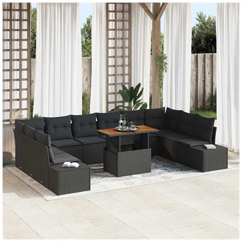 Set da Pranzo da Giardino da 11 Pezzi con Cuscini Rattan sintetico Nero Acacia - Foto 2