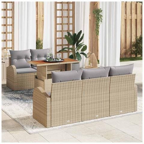 Set di Divani da Giardino  da 6 pezzi con Cuscini Beige in Rattan Poly, Divano da Giardino  per 2 Persone con Ripostiglio e Cuscini Beige in Rattan Poly - Foto 2