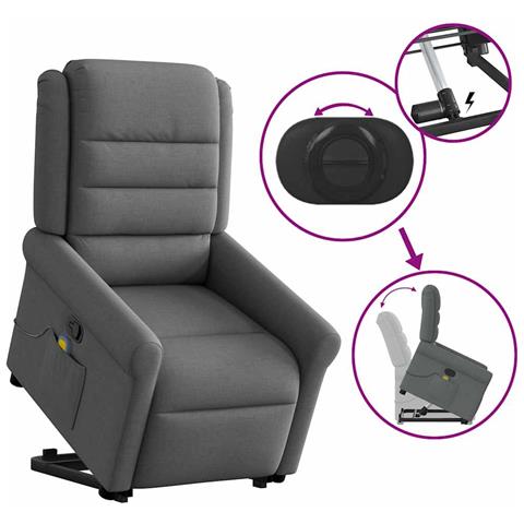 Poltrona Alzapersona Massaggi Reclinabile Grigio Scuro Tessuto - Foto 9