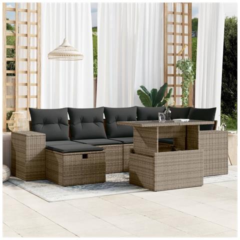 Set Divani da Giardino 7 pz con Cuscini Grigio in Polyrattan - Foto 2