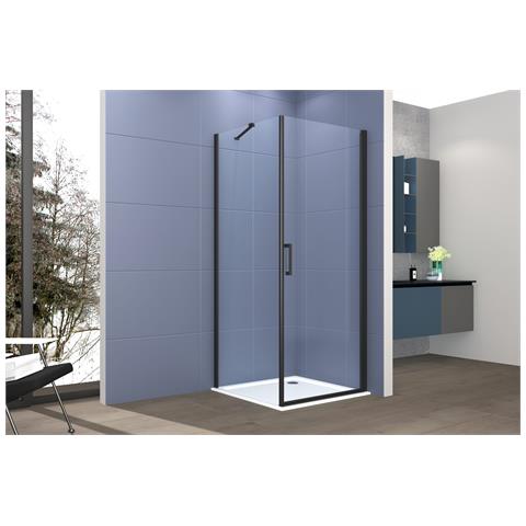 Box Doccia 2 Lati 80x70 Cm Fisso + Porta 1 Battente H200 Cm Cristallo 6mm Profilo Nero Opaco Lucio - Foto 1