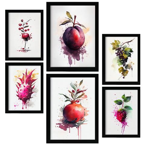 Set Di 6 Stampe Poster Di Frutta, Verdura E Cibi Sani Con Colori Ad Acquerello Su Sfondi Bianchi Puri A3 & A4 Cornice Nera - Foto 1