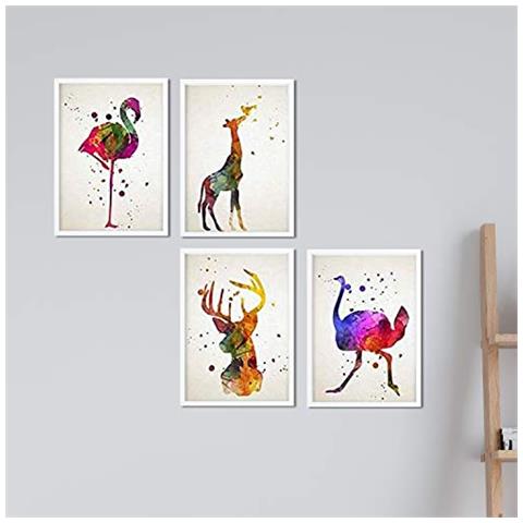 Set Di 4 Stampe Con Di Animali Fenicottero Struzzo Cervo E Giraffa Acquerello Colori Vivaci Pittura In Nordico Acquerelli Senza Cornice A4 - Foto 1