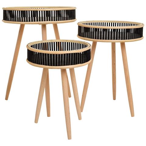 Set Di 3 Tavolini Angolari In Bambù Nero E Legno - Foto 1