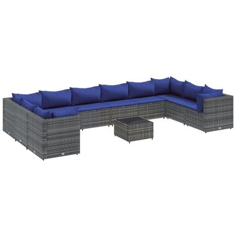 Set Divani da Giardino 11 pz con Cuscini in Polyrattan Grigio - Foto 1