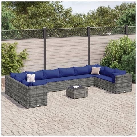 Set Divani da Giardino 11 pz con Cuscini in Polyrattan Grigio - Foto 2