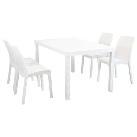 Set Tavolo Da Giardino Rettangolare Fisso Cm 150 X 90 Con 4 Sedie In Wicker Stampato Bianco Da Esterno Giardino - Foto 1