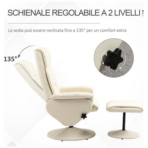 Poltrona Relax Reclinabile Fino 135° Con Seduta Girevole E Pouf Poggiapiedi, 78x84x110cm, Crema - Foto 2