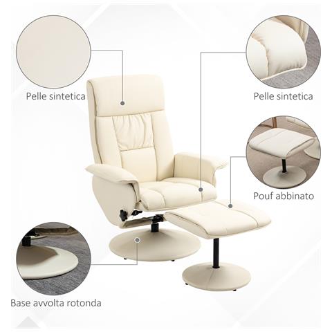Poltrona Relax Reclinabile Fino 135° Con Seduta Girevole E Pouf Poggiapiedi, 78x84x110cm, Crema - Foto 6