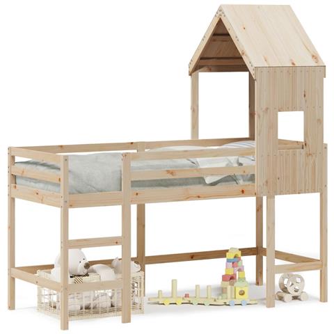 Letto Soppalco con Scala e Tetto 80x200 cm Legno Massello Pino - Foto 1